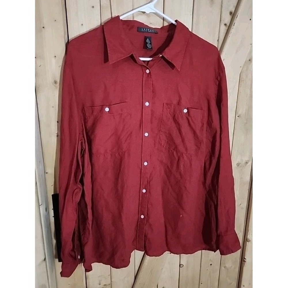 Lauren Ralph Lauren Women 100% Linen Button Shirt Top Sz 2X Long Sleeve Roll Tab